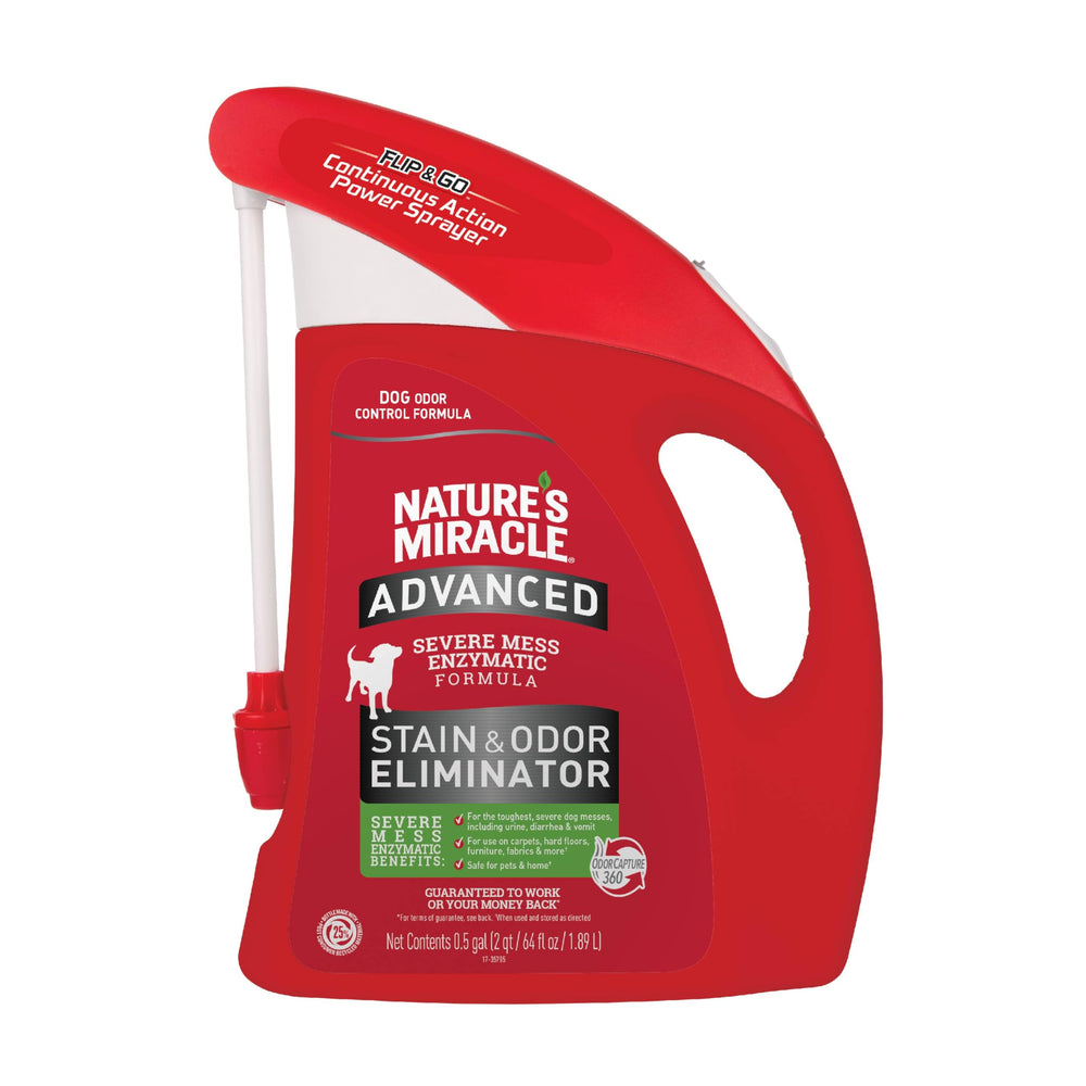 Nature's Miracle bottle pour shows targeted application for tough dog messes