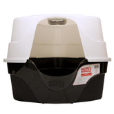 Nature's Miracle hooded corner litter box demonstrates space-saving design with odor control.