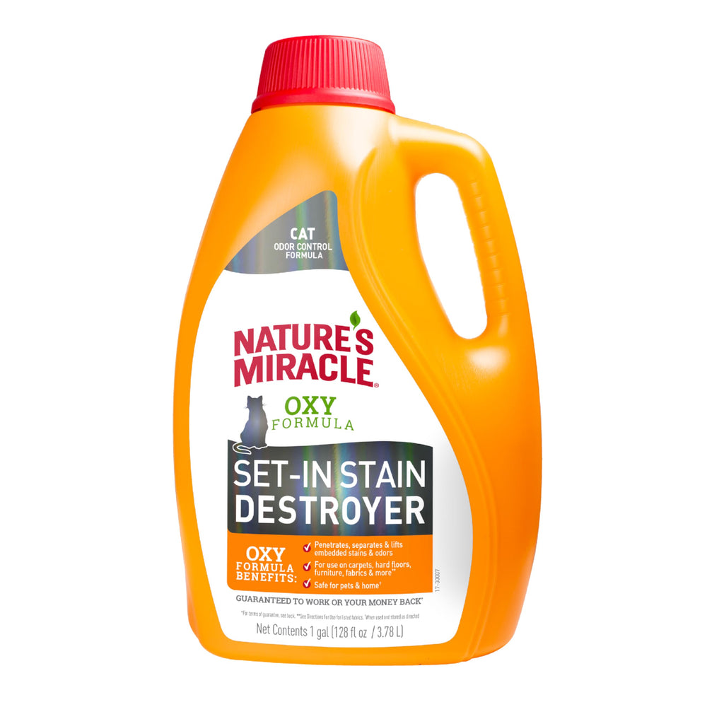 Nature's Miracle Set-In Stain Destroyer bottle front shows 1-gallon size with orange scent.