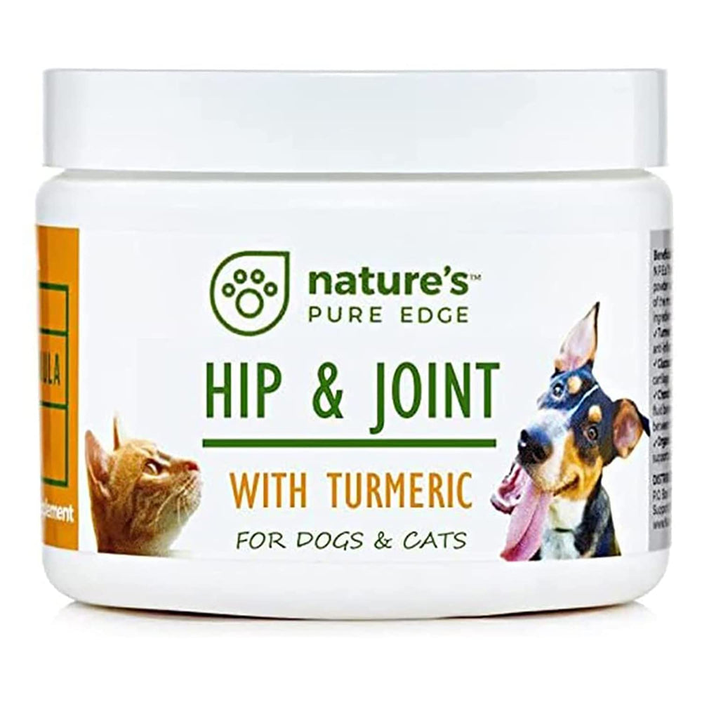Nature's Pure Edge glucosamine powder jar for dogs and cats showing joint support benefits