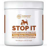 Nature's Pure Edge No Poop Eating bottle label shows simple daily dosing.