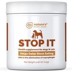 Nature's Pure Edge No Poop Eating bottle label shows simple daily dosing.