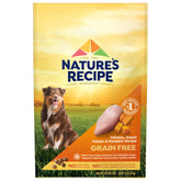 Nature's Recipe grain-free dry dog food bag closeup highlighting grain-free nutrition