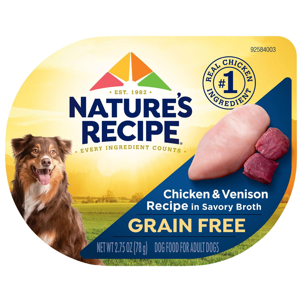 Nature's Recipe grain free wet dog food cups with chicken and venison for easy serving.