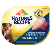 Nature's Recipe grain free wet dog food cups with chicken and venison for easy serving.
