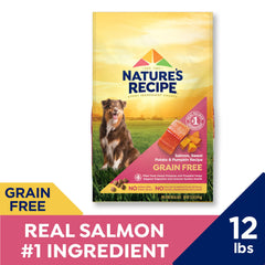 Nature's Recipe salmon kibble close-up, highlighting real fish as the first ingredient.