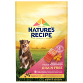 Nature's Recipe salmon-sweet-potato-pumpkin dry dog food bag front, grain-free formula for balanced meals.