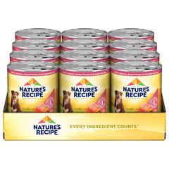 Nature's Recipe salmon-wet-dog-food can close-up highlights premium protein from real salmon