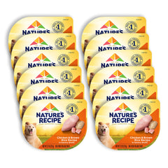 Nature's Recipe wet dog food cups with savory broth showing real chicken for adult dogs.