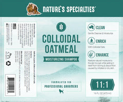 Ingredients of Nature's Specialties shampoo with oats and aloe for coat care.