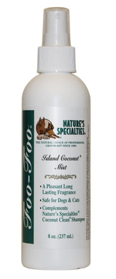 Nature's Specialties Island Coconut Mist bottle shown, offering a light tropical fragrance for pets.