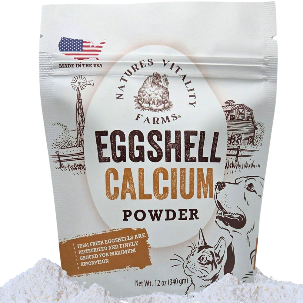 Natures Vitality Farms eggshell powder bottle for pet calcium support.
