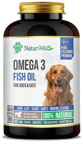 NATURPAWS Omega-3 dog bottle pour supports coat shine and skin health.