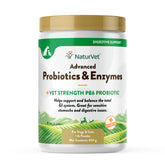 NaturVet Advanced Probiotics enzyme powder bottle pour supports digestive balance in pets.