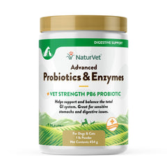 NaturVet Advanced Probiotics enzyme powder bottle pour supports digestive balance in pets.