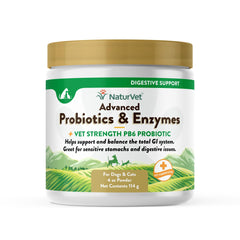 NaturVet advanced probiotics jar front showing premium blend for sensitive stomachs