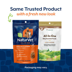NaturVet All-in-One jar highlights skin and coat care benefits.