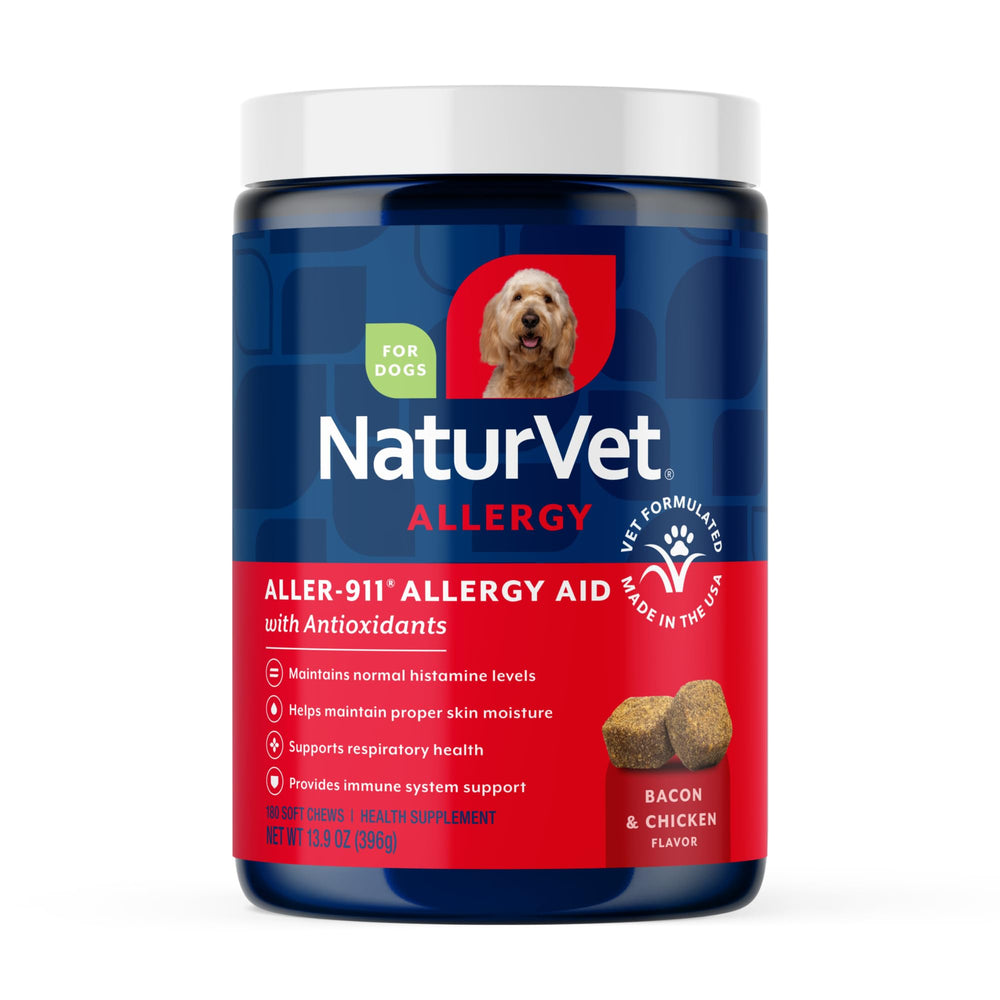 NaturVet Aller-911 soft chews bottle shows omega-rich formula for healthier skin and coat.