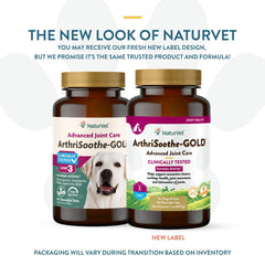 NaturVet ArthriSoothe-GOLD Level 3 bottle side view shows easy-to-dispense chew tablets.