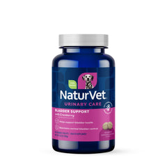 NaturVet bladder support for dogs cranberry chew tablets shown on kitchen counter highlighting urinary health support