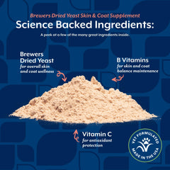 Close-up of NaturVet Brewers Dried Yeast ingredients list with vitamins and garlic flavor