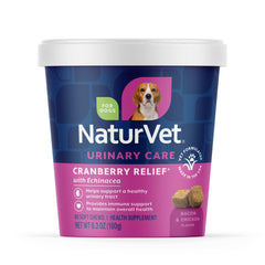 NaturVet Cranberry Relief Plus Echinacea bottle showing convenient daily urinary health support for dogs