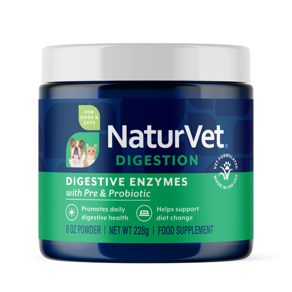 NaturVet digestive enzymes for dogs bottle supports gentle diet transitions.