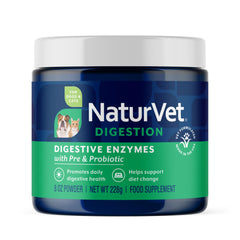 NaturVet digestive enzymes for dogs bottle supports gentle diet transitions.