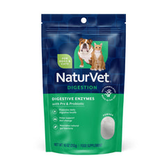 NaturVet Digestive Enzymes powder bottle aiding digestion during diet changes.