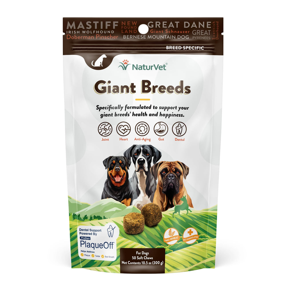 NaturVet Giant Breeds Supplement bottle close-up highlighting joint support chews.