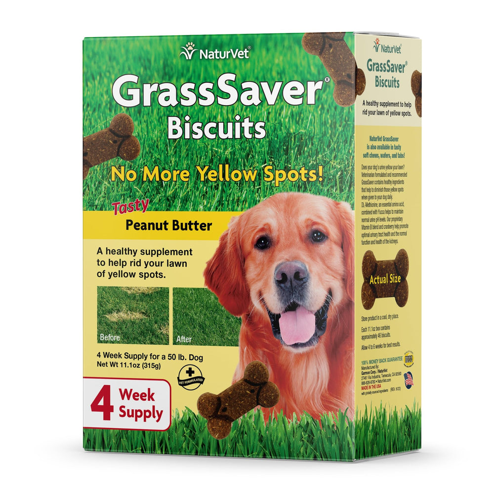 NaturVet GrassSaver packaging shows lawn care support for reducing yellow spots