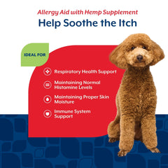 NaturVet Hemp Allergy Aid packaging details showcase premium ingredients and formula.