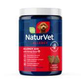 NaturVet Hemp Allergy Aid soft chews jar on shelf, supports immune and skin health.
