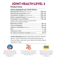NaturVet Joint Health Level 3 ingredients panel featuring glucosamine and green lip mussel