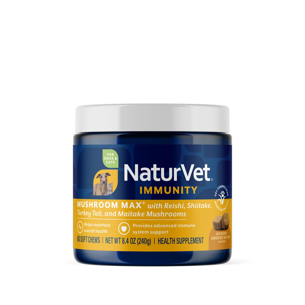 NaturVet Mushroom Max immunity bottle boosts daily canine health.