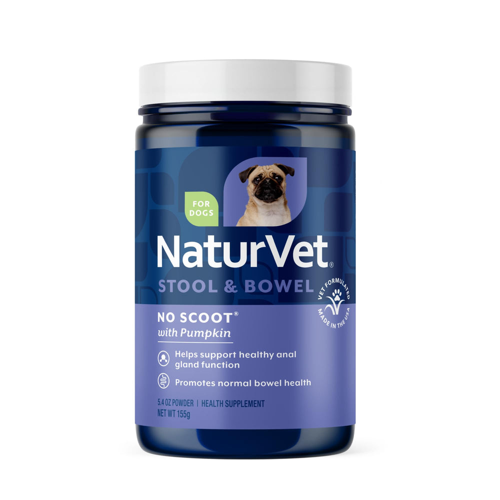 NaturVet No Scoot for Dogs bottle close-up with pumpkin powder supporting digestion.