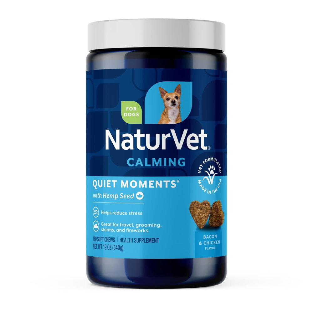 NaturVet Quiet Moments bottle front promotes calm for anxious dogs.