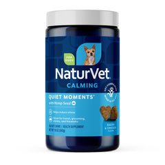 NaturVet Quiet Moments bottle front promotes calm for anxious dogs.