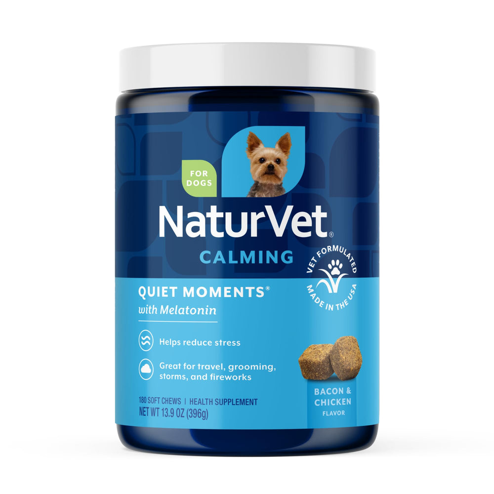 NaturVet Quiet Moments dog chews jar for calm travel and storms.