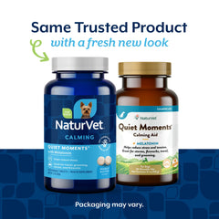 NaturVet Quiet Moments melatonin dog supplement shown as tasty chew for travel.