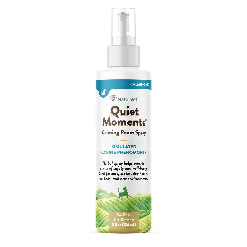NaturVet Quiet Moments spray bottle for dogs with a calming herbal scent.