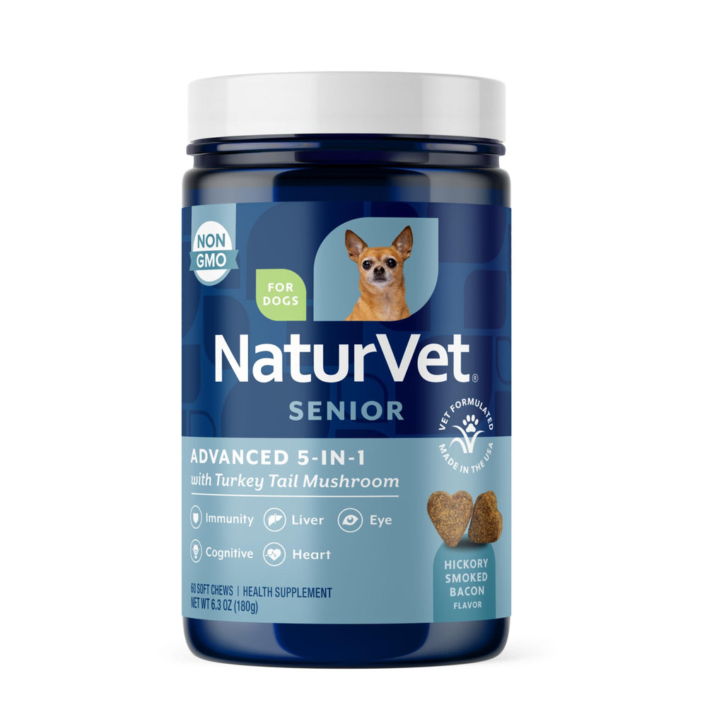 NaturVet Senior Advanced 5-in-1 bottle front supports daily wellness in aging dogs.
