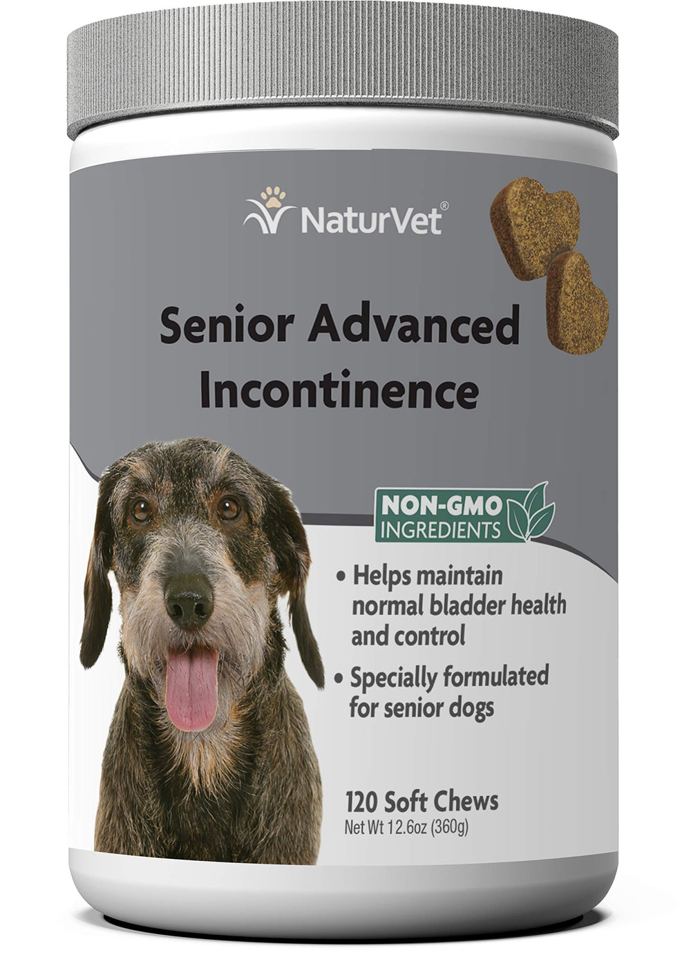 NaturVet Senior Advanced Incontinence dog bottle front, signaling trusted bladder support.