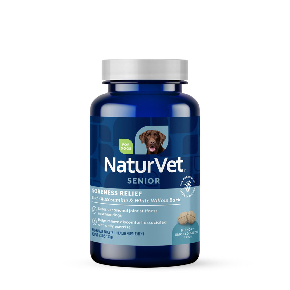 NaturVet Soreness Relief senior dog tablets bottle shown for easy administration and joint support.