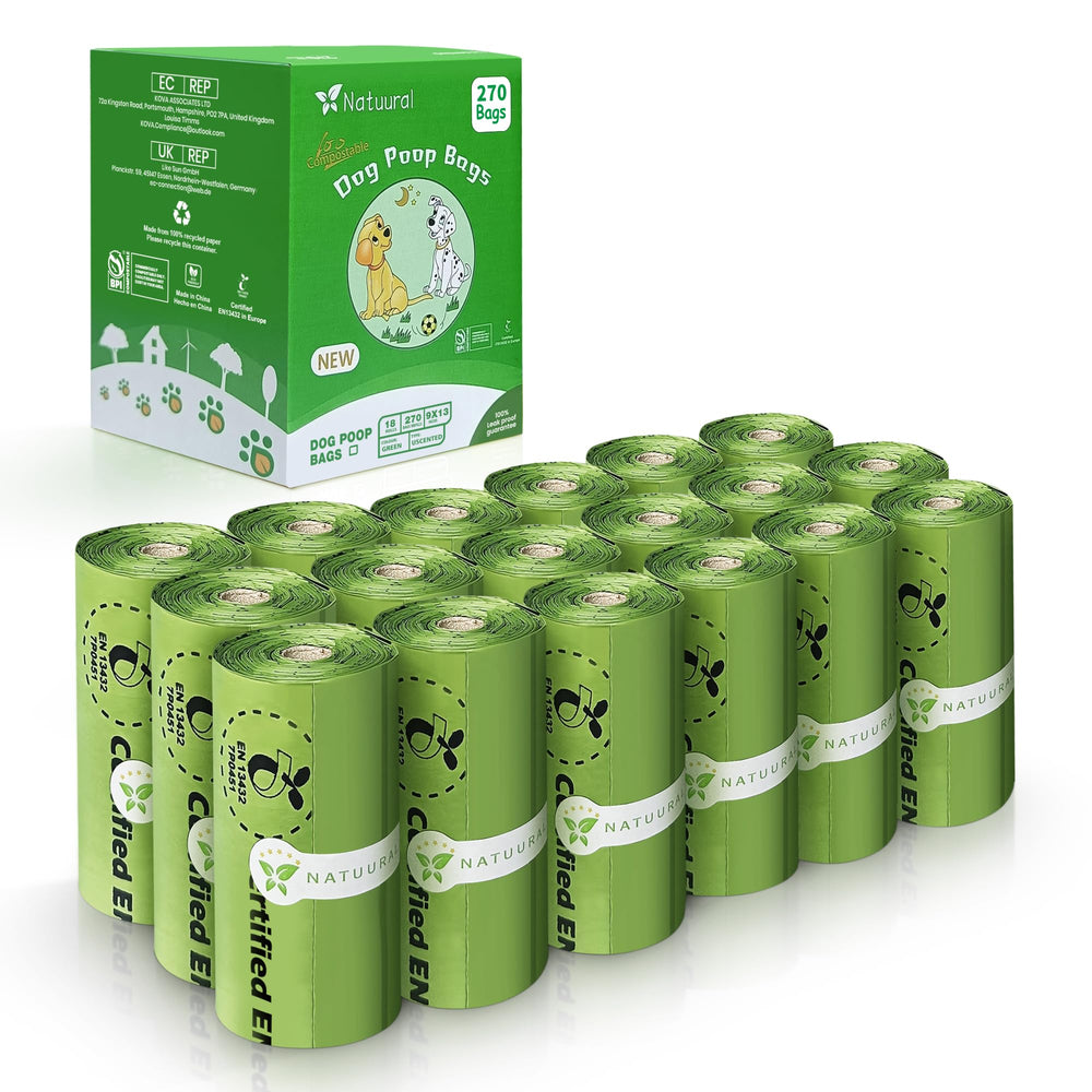 Natuural certified compostable dog poop bags with 270-count pack for eco-friendly cleanup.