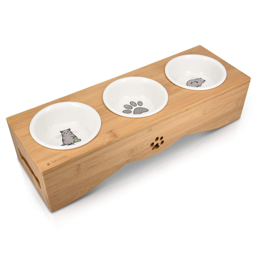 Navaris triple cat bowls on stand for elevated feeding and stability.