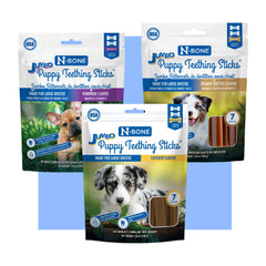 N-Bone Puppy Teething Sticks Jumbo chicken package shows flavor packaging and large-breed suitability.