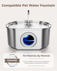 Neareal 108oz stainless steel fountain shows large capacity for multi-pet homes.