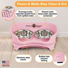Neater Feeder Express spill-drain catch basin helps maintain a clean floor.