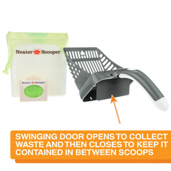 Neater Scooper flat-edge scoop scrapes litter bottom for thorough clumps removal.